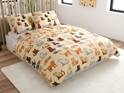 Veselé povlečení mikroplyš COLORED CATS krémové s motivem koček