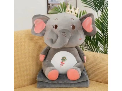 Plyšový sloník s dětskou dekou uvnitř – měkoučký kamarád na mazlení, který zahřeje a ozdobí každý dětský pokojíček.