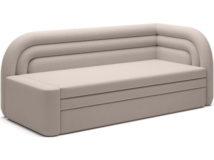 Béžová rozkládací pohovka FABILLO s úložným prostorem a netradičním designem pro moderní interiéry.