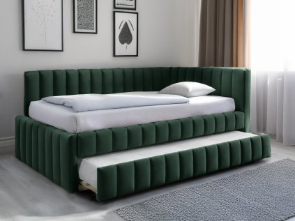 Łóżko tapicerowane COMFINO VELVET z wysuwanym miejscem do spania 120x200 cm, ciemnozielone KRONOS 14