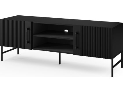 Černý RTV stolek RAFTT 152x55 cm s dvířky a policí
