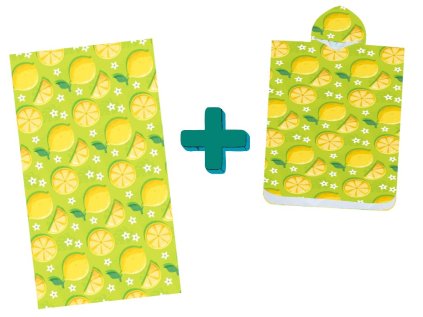 Zelený plážový set LEMONS – osuška 100×180 cm a pončo 80×145 cm