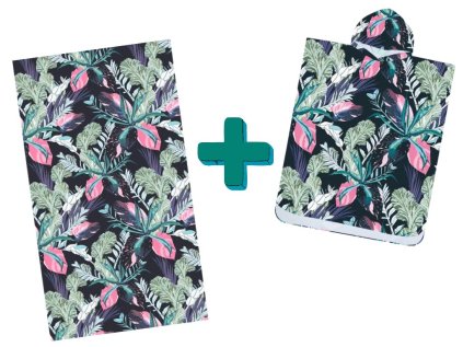 Elegantní černý plážový set NIGHT BLOSSOM – osuška a pončo