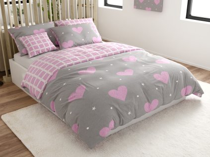 Stylové krepové povlečení LOVEXA šedé s růžovými srdíčky