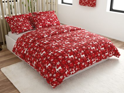 Povlečení z mikrovlákna VELVET CHRISTMAS – červené s jeleny a hvězdami