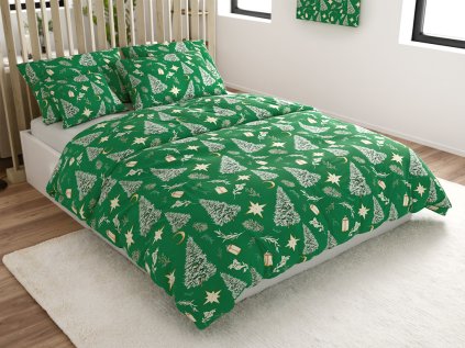 Povlečení z mikrovlákna GREEN CHRISTMAS zelené – vánoční stromky a hvězdy