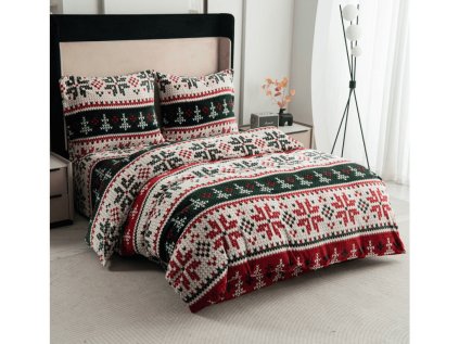 Barevné vánoční povlečení mikroplyš FROSTED CHRISTMAS se vzorem vloček a stromků