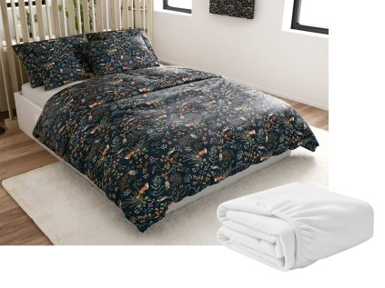 Sada mikroplyšového povlečení LIŠKA A ZAJÍC tmavě zelené + prostěradlo mikroplyš SOFT 90x200 cm bílé, jednolůžko