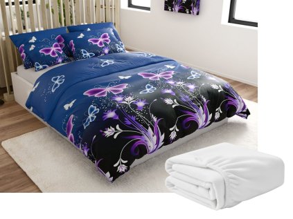 Sada 2ks mikroplyšového povlečení VIOLET BUTTERFLY tmavě modré + prostěradlo mikroplyš SOFT 180x200 cm bílé, dvoulůžko