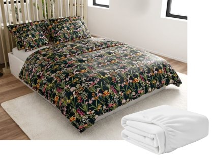 Sada mikroplyšového povlečení MYSTIC GARDEN tmavě zelené + prostěradlo mikroplyš SOFT 90x200 cm bílé, jednolůžko
