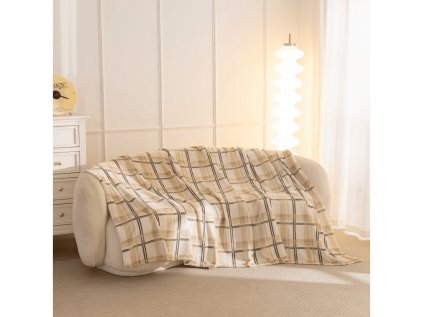 Hřejivá mikroplyšová deka PLAID krémová s kostkovaným vzorem