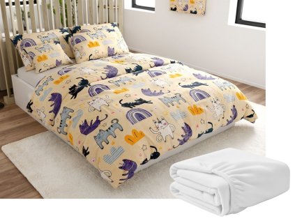 Sada mikroplyšového povlečení PURRSLEEP béžové + prostěradlo mikroplyš SOFT 90x200 cm bílé, jednolůžko