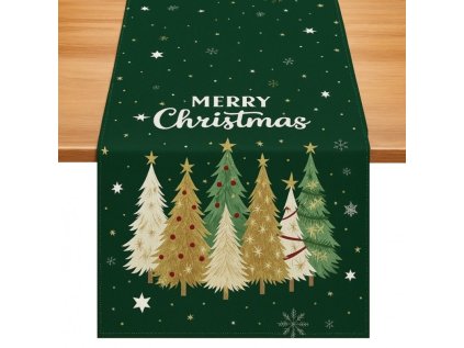 Lněný vánoční běhoun STARLIT TREES 33x180 cm se zlatými stromky