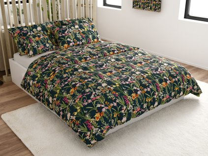 Bavlněné povlečení MYSTIC GARDEN tmavě zelené s květinovým vzorem