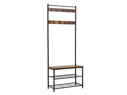 Kovová předsíňová stěna TAYLOR černá/rustikálně hnědá s háčky a lavicí