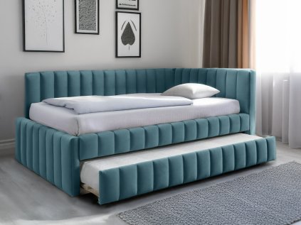 Čalouněná postel COMFINO VELVET s přistýlkou 120x200 cm v petrolejové barvě