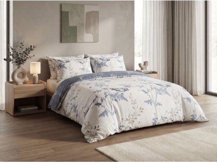 Mikroflanelové povlečení GRETA krémové s modrými větvičkami