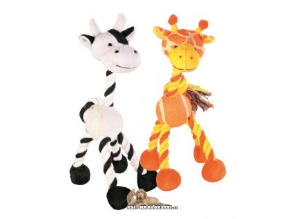Hračka pro psa zvířátko Žirafa/kravička s tenisovým míčem a provazy 28cm