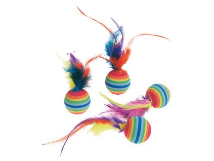 Hračka pro kočku Míčky s pérky duhové 4ks