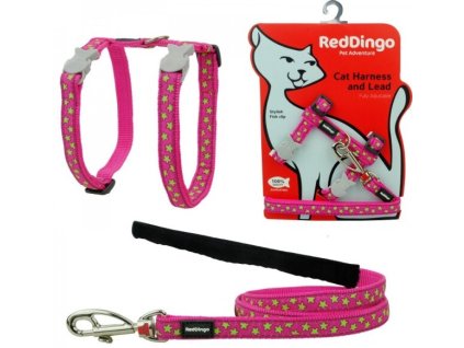 Postroj pro kočku RED DINGO s vodítkem Stars Lime on Hot Pink