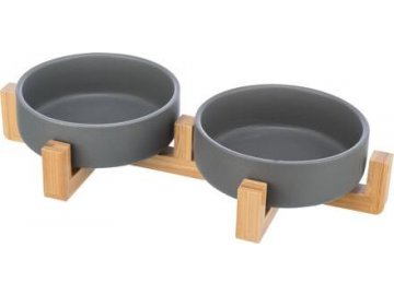 Set keramických misek 2 x 0,3l v dřevěném stojanu 31 x 6 x 16 cm, šedá/přírodní