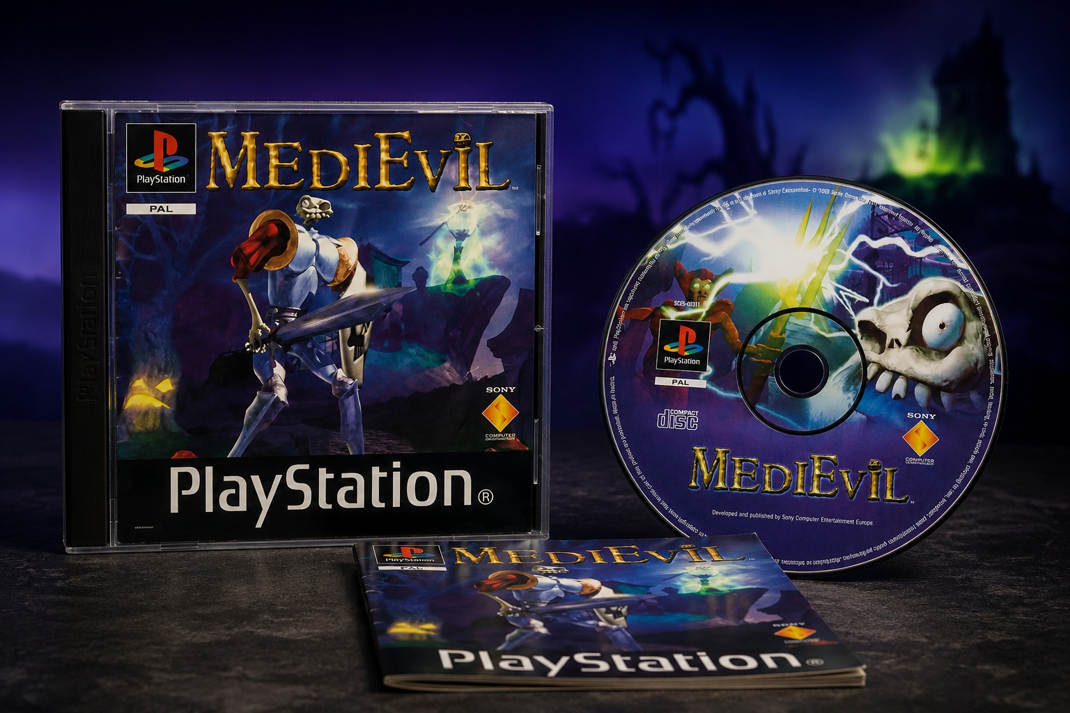 MediEvil pre PlayStation 1 – krabička, disk a manuál v temnej atmosfére Gallowmere