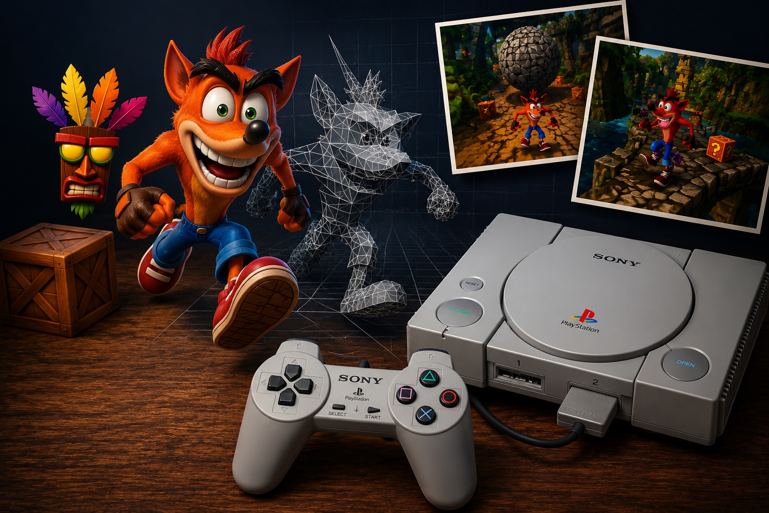 Crash Bandicoot, drátěný 3D model postavy, záběry ze hry a konzole PlayStation 1