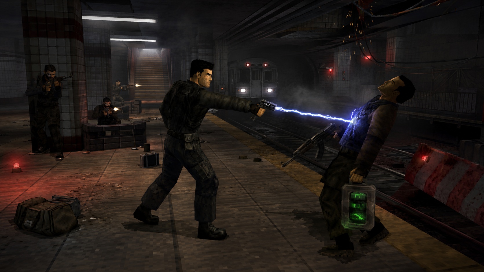 Gabe Logan používá elektrický paralyzér proti teroristovi během útoku v metru ve hře Syphon Filter pro PlayStation 1.