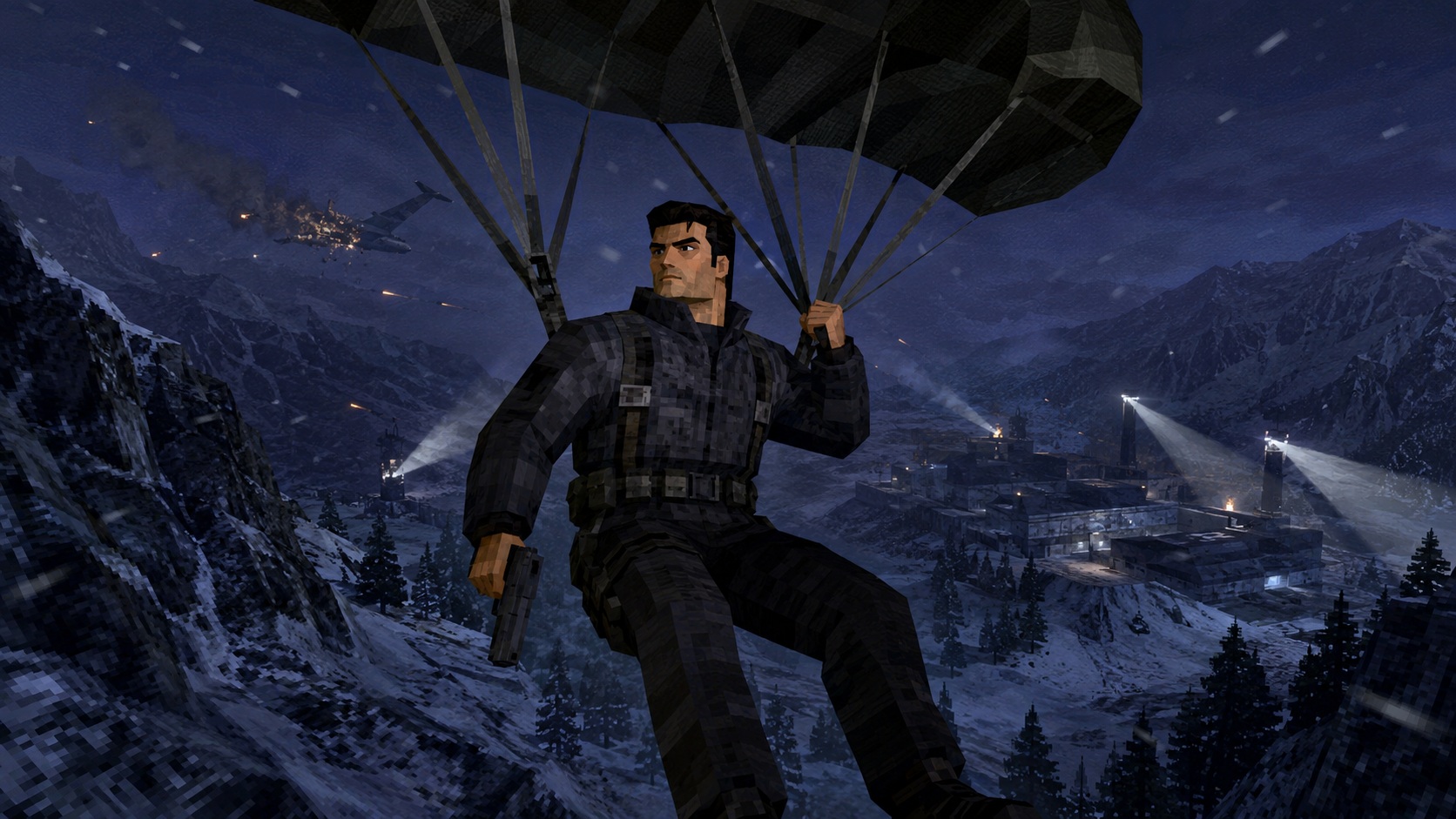 Gabe Logan zostupuje na padáku k vojenskej základni v zasnežených horách po útoku na transportné lietadlo v štýle Syphon Filter 2 pre PlayStation 1.