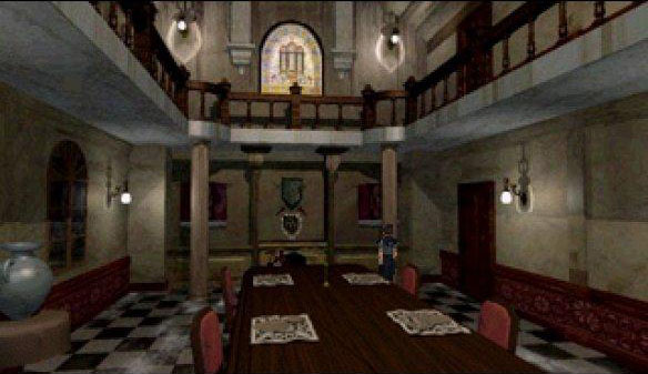 Resident Evil pro PlayStation 1 - temný interiér sídla s pevně umístěnou kamerou typickou pro klasický survival horor