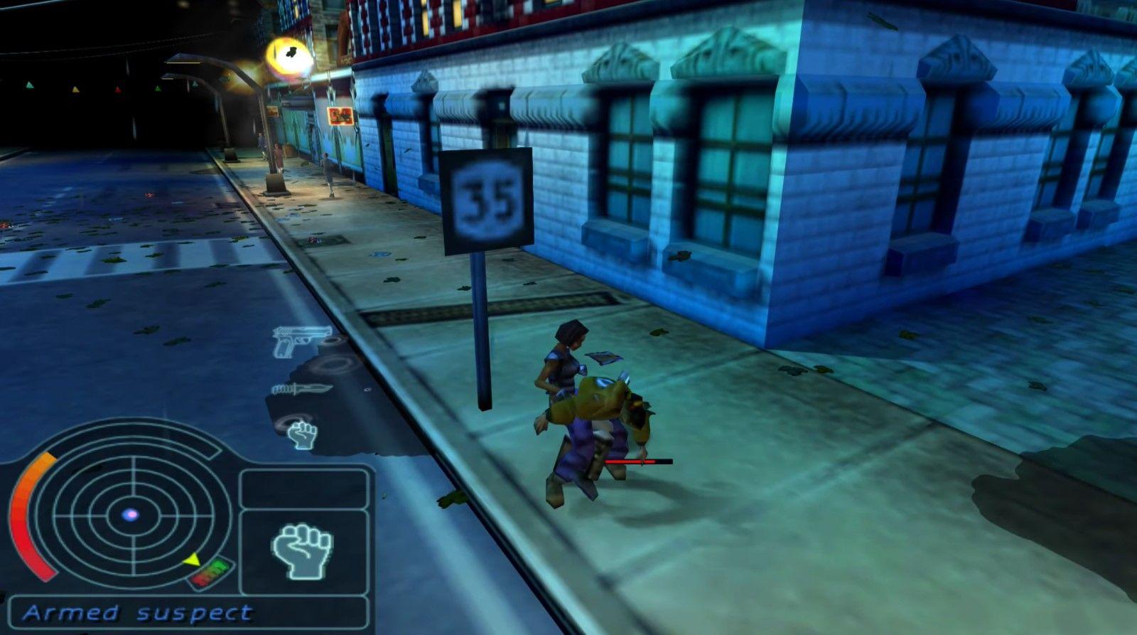 Urban Chaos pro PlayStation 1 - D'arci Stern při policejním zákroku v ulicích Union City