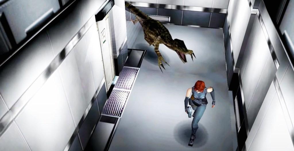 Dino Crisis pro PlayStation 1 - Regina čelí obřímu Tyrannosaurovi rexovi