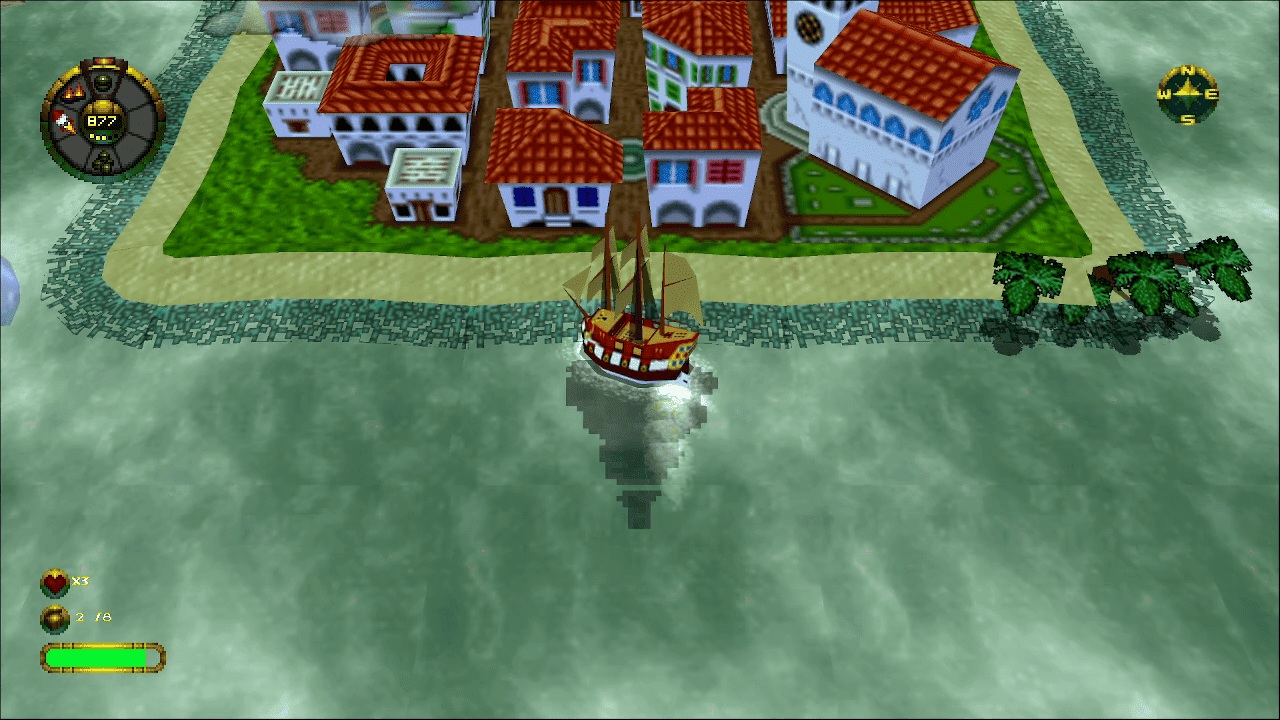Overboard pre PlayStation 1 - pirátska loď pláva okolo pobrežného mesta počas misie
