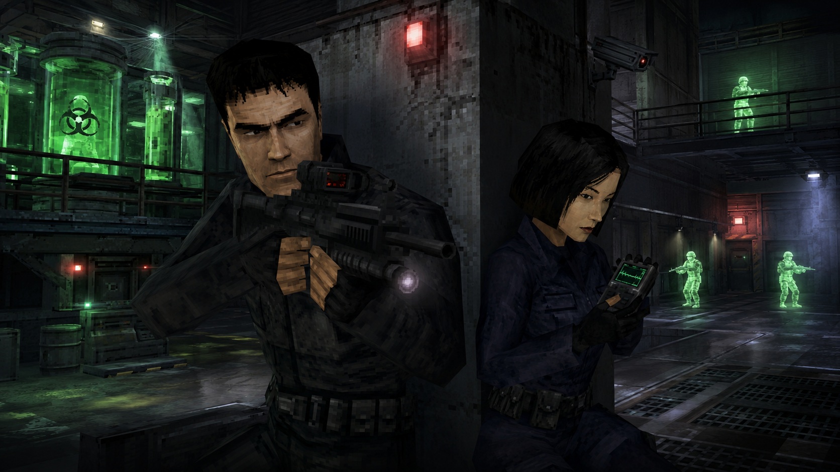 Ilustrační infiltrace biologické laboratoře s Gabem Loganem a Lian Xing v polygonovém stylu Syphon Filter 3