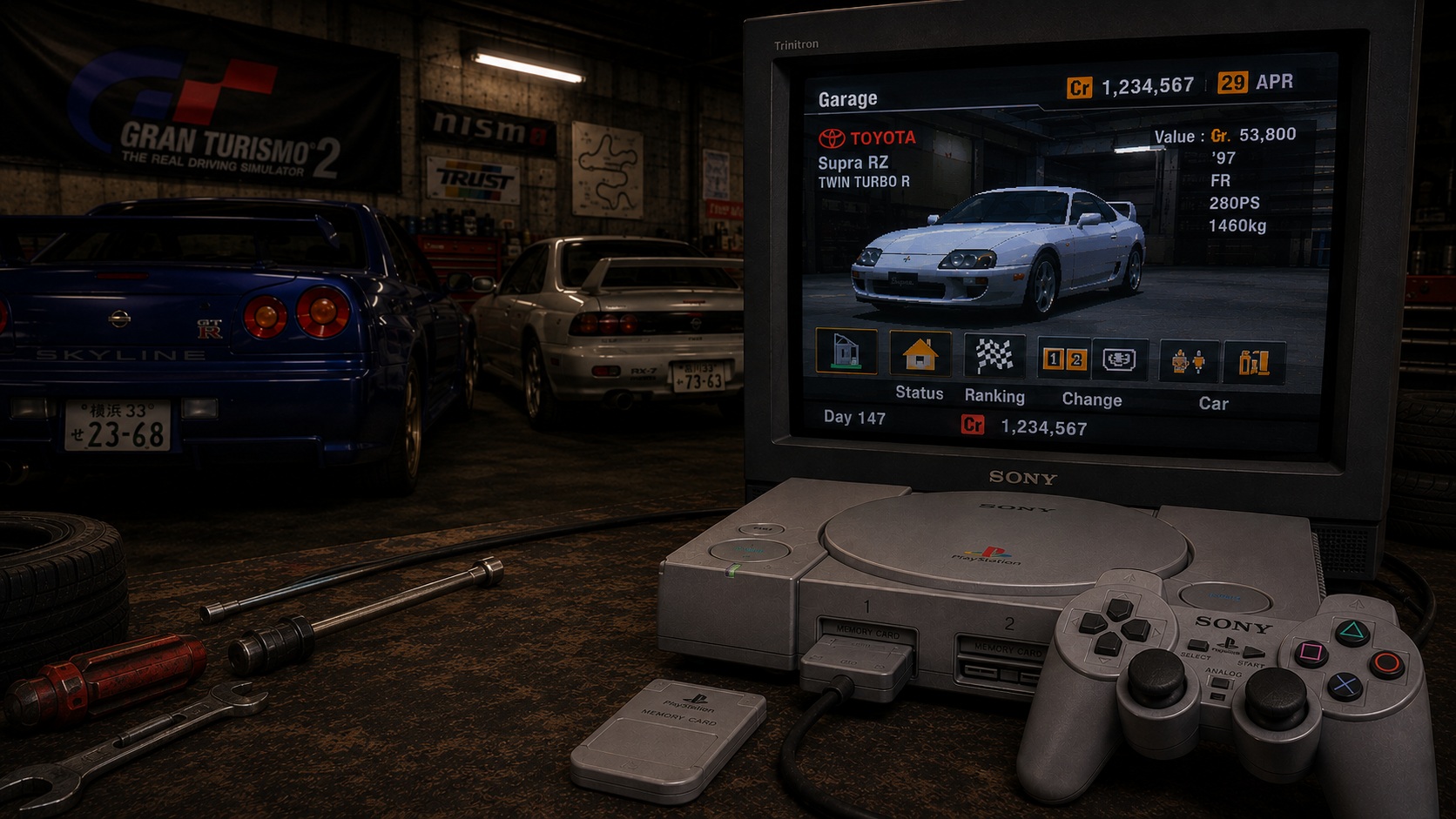 Ilustrační obrázek Gran Turismo 2 GT Mode s polygonovou Toyotou Supra, kariérní garáží, kredity, konzolí PS1 a ovladačem
