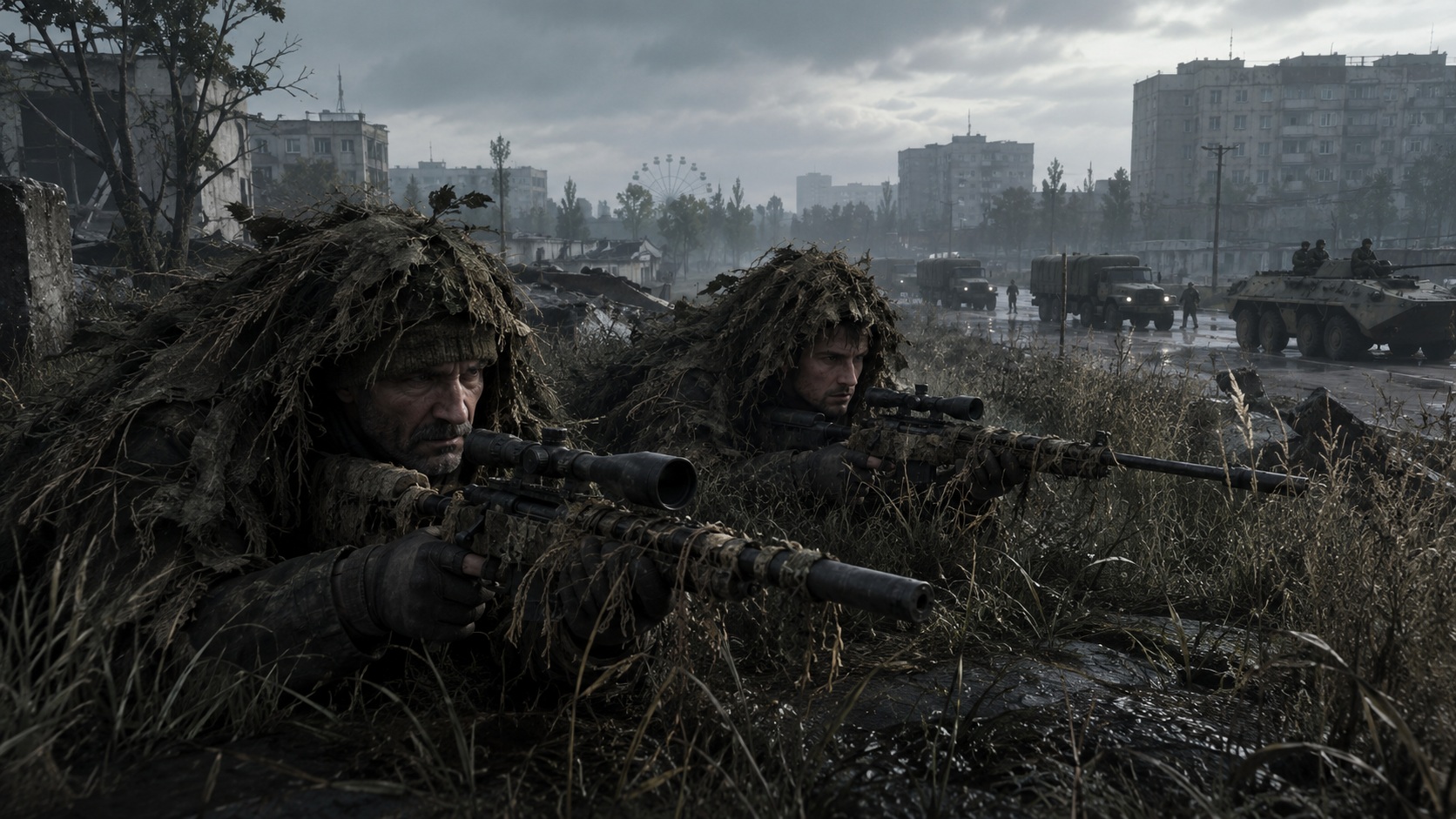 Odstřelovači v ghillie oblecích inspirovaní misí All Ghillied Up z Call of Duty 4 Modern Warfare.