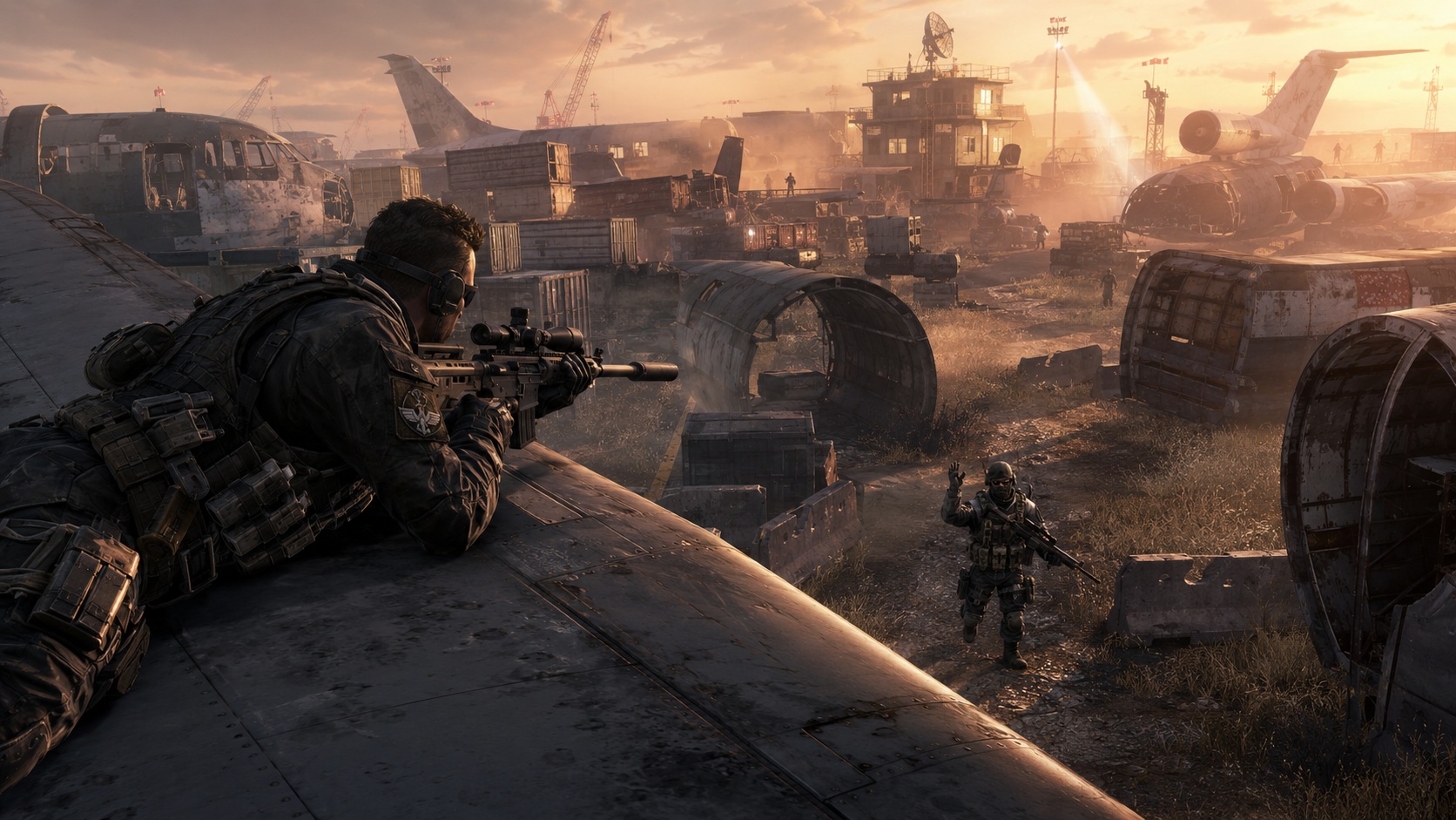 Dvojice operativců spolupracuje mezi vraky letadel v misi Special Ops inspirované Call of Duty Modern Warfare 2.