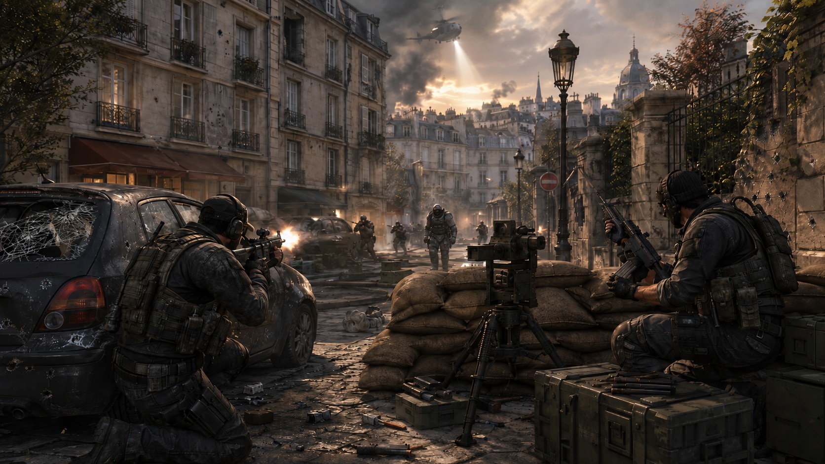 Dvojice vojáků brání ulici v Paříži proti nepřátelským vlnám v režimu Survival inspirovaném Call of Duty Modern Warfare 3.