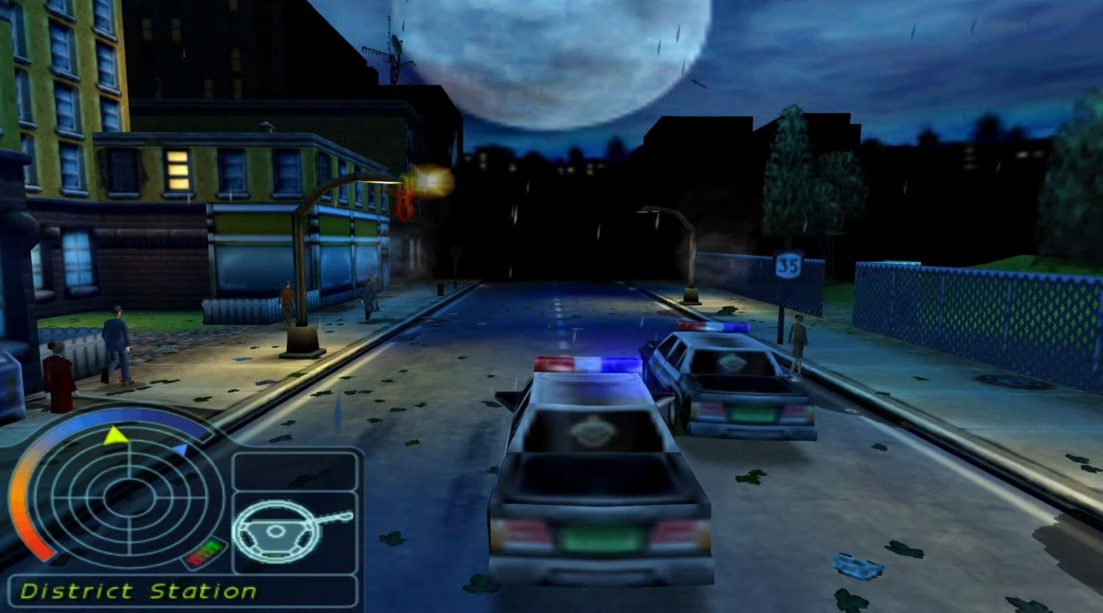 Urban Chaos pro PlayStation 1 - noční ulice Union City a policejní jízda městem