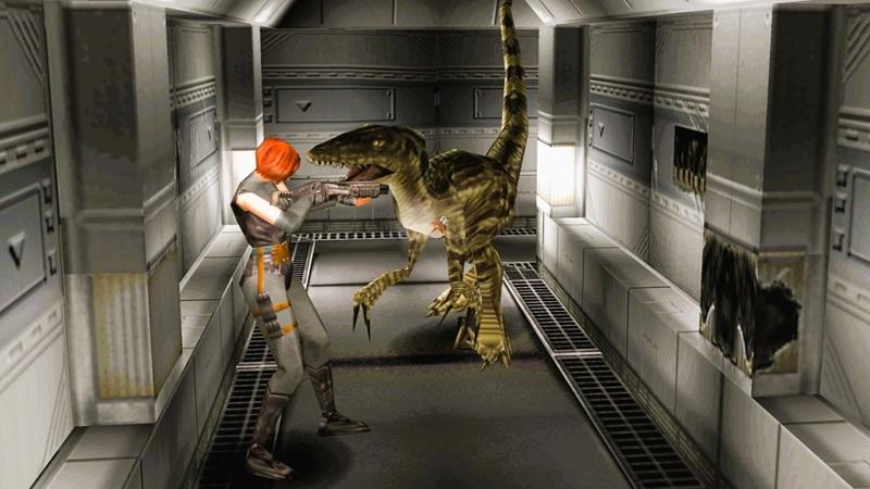 Dino Crisis pro PlayStation 1 - nebezpečný dinosaurus během útoku v komplexu na Ibis Island