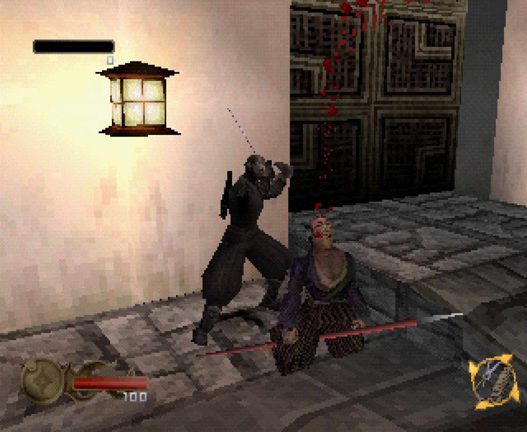 Tenchu Stealth Assassins pro PlayStation 1 - Rikimaru provádí stealth kill na nepříteli