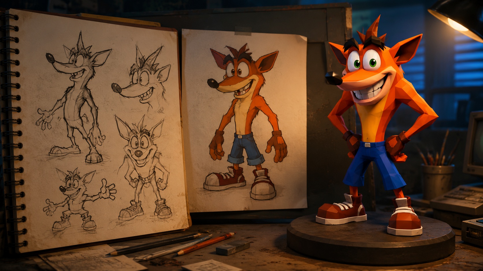 Rané návrhy, farebný koncept a hotová 3D podoba Crasha Bandicoota