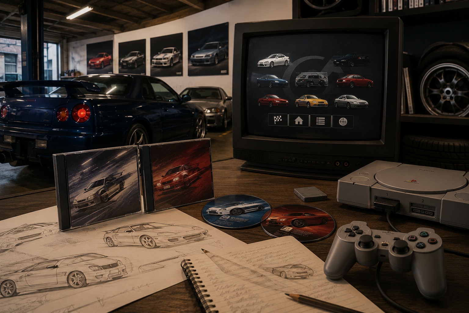 Ilustrační obrázek inspirovaný Gran Turismo 2 na PlayStation 1 s garáží, CRT monitorem, konzolí PS1 a dvěma disky