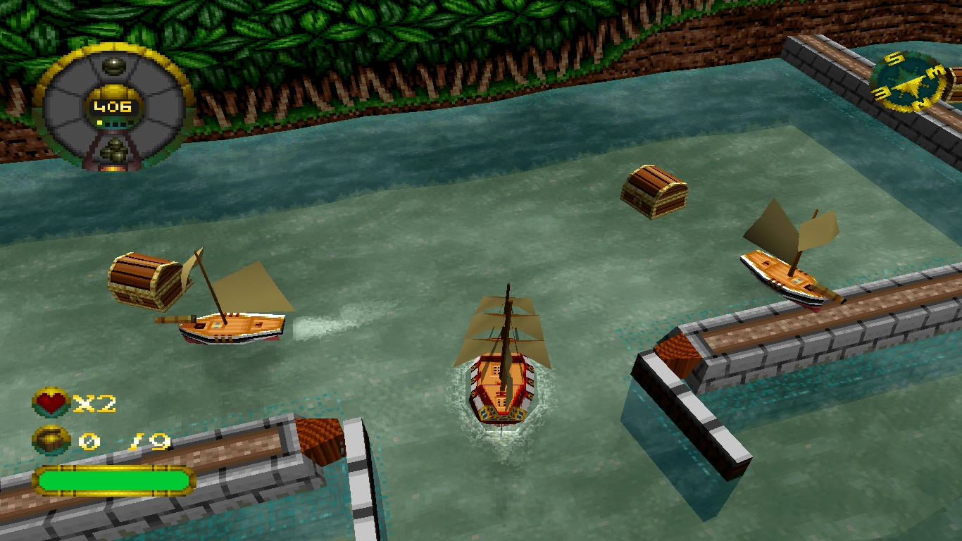 Overboard pre PlayStation 1 - pirátska loď medzi ďalšími plavidlami a truhlicami s pokladom