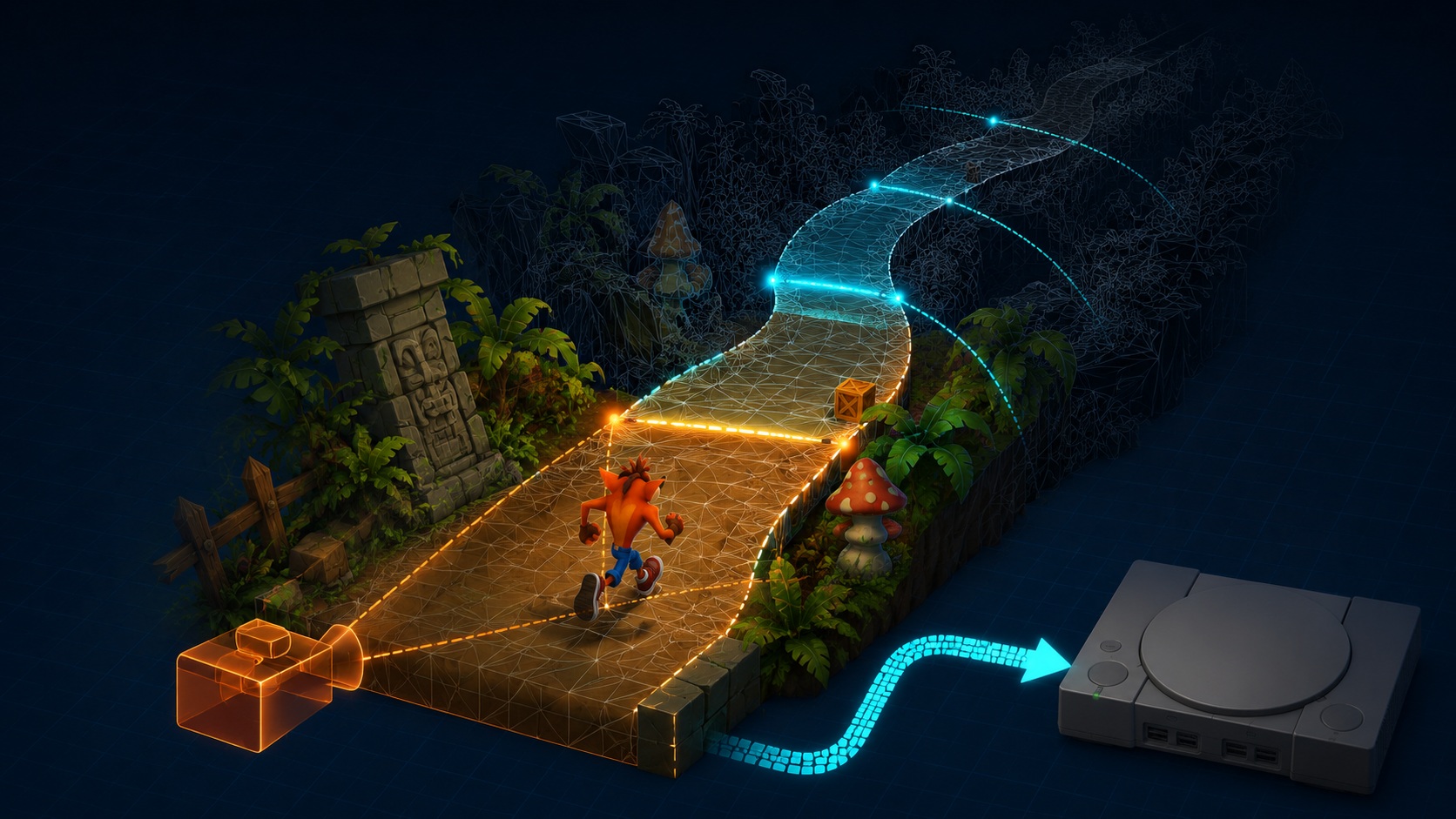 Pevná kamera, polygónová sieť a priebežné načítavanie levelu v hre Crash Bandicoot