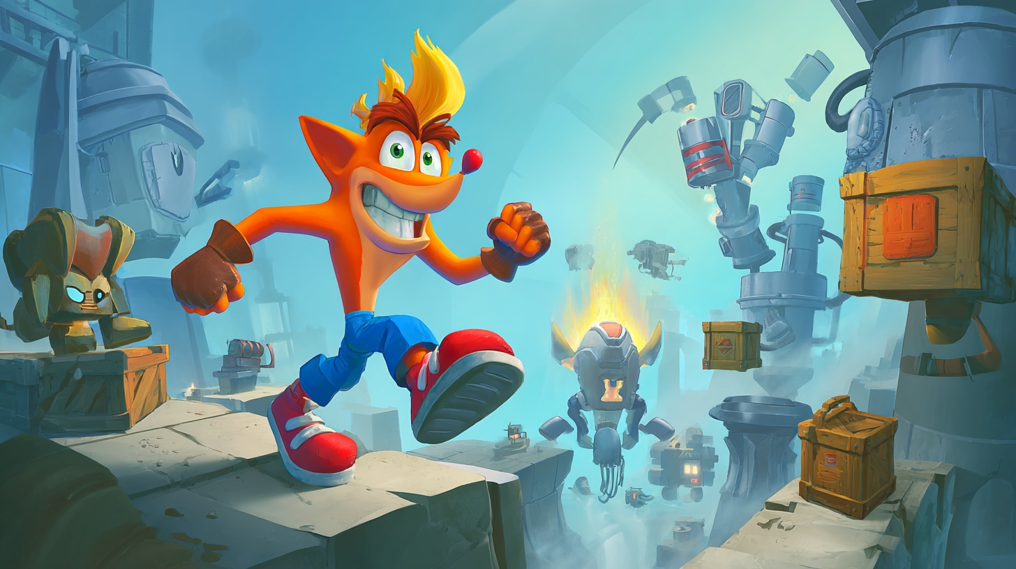 Ilustrační obrázek inspirovaný hrou Crash Bandicoot The Wrath of Cortex pro PlayStation 2 s Cortexovou laboratoří, bednami a retro PS2 atmosférou