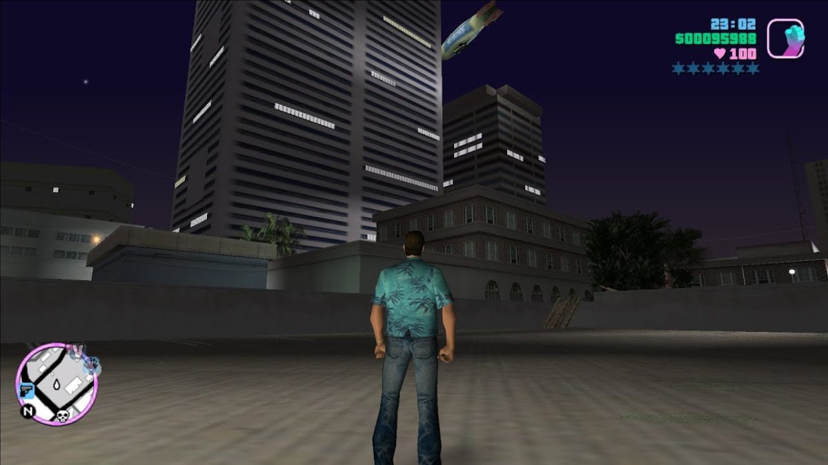 Ilustračný obrázok k GTA Vice City na PlayStation 2 s palmami, neónovou atmosférou a mestom inšpirovaným 80. rokmi
