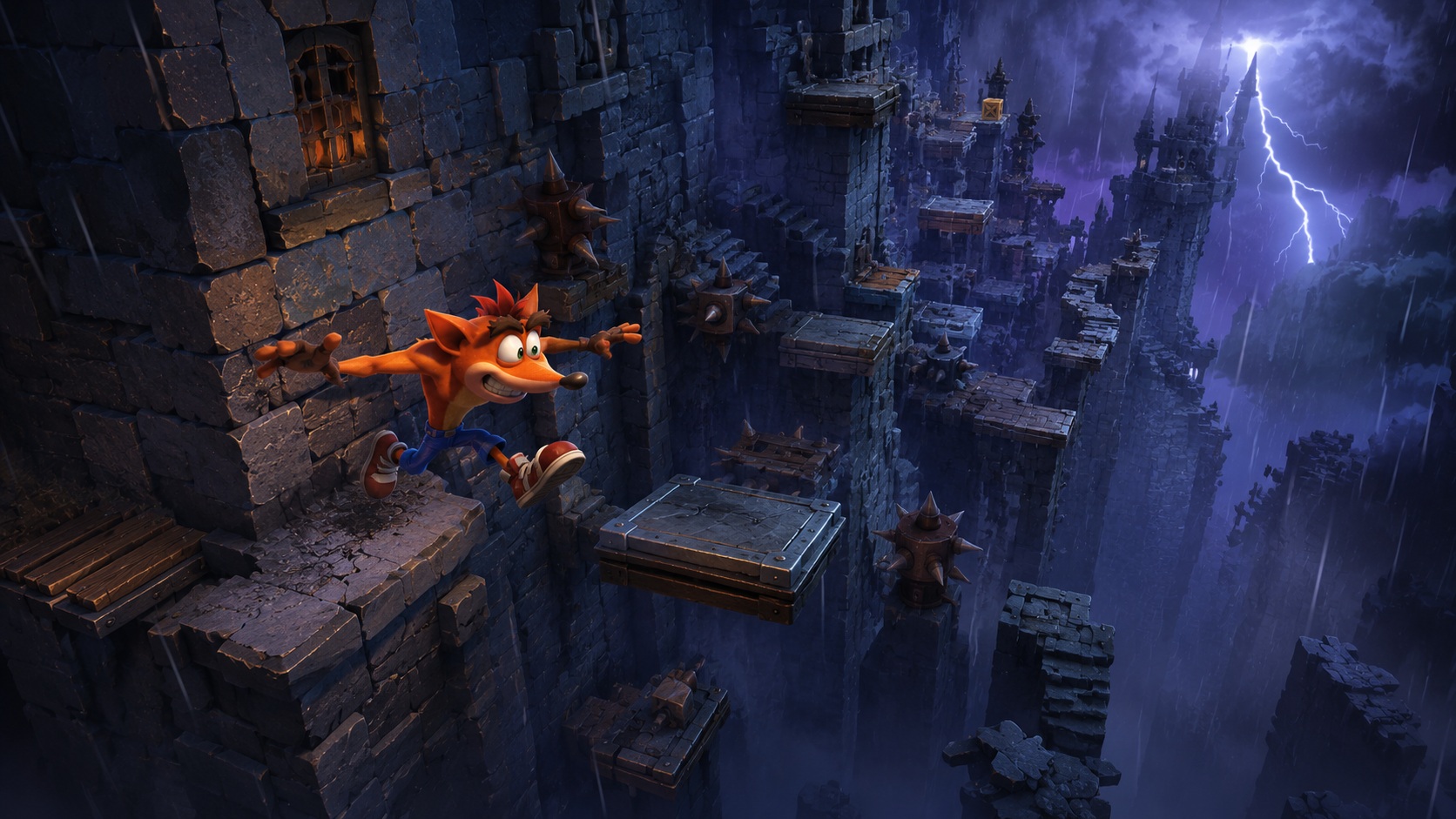Crash Bandicoot skáče po hradbách v búrlivom leveli Stormy Ascent