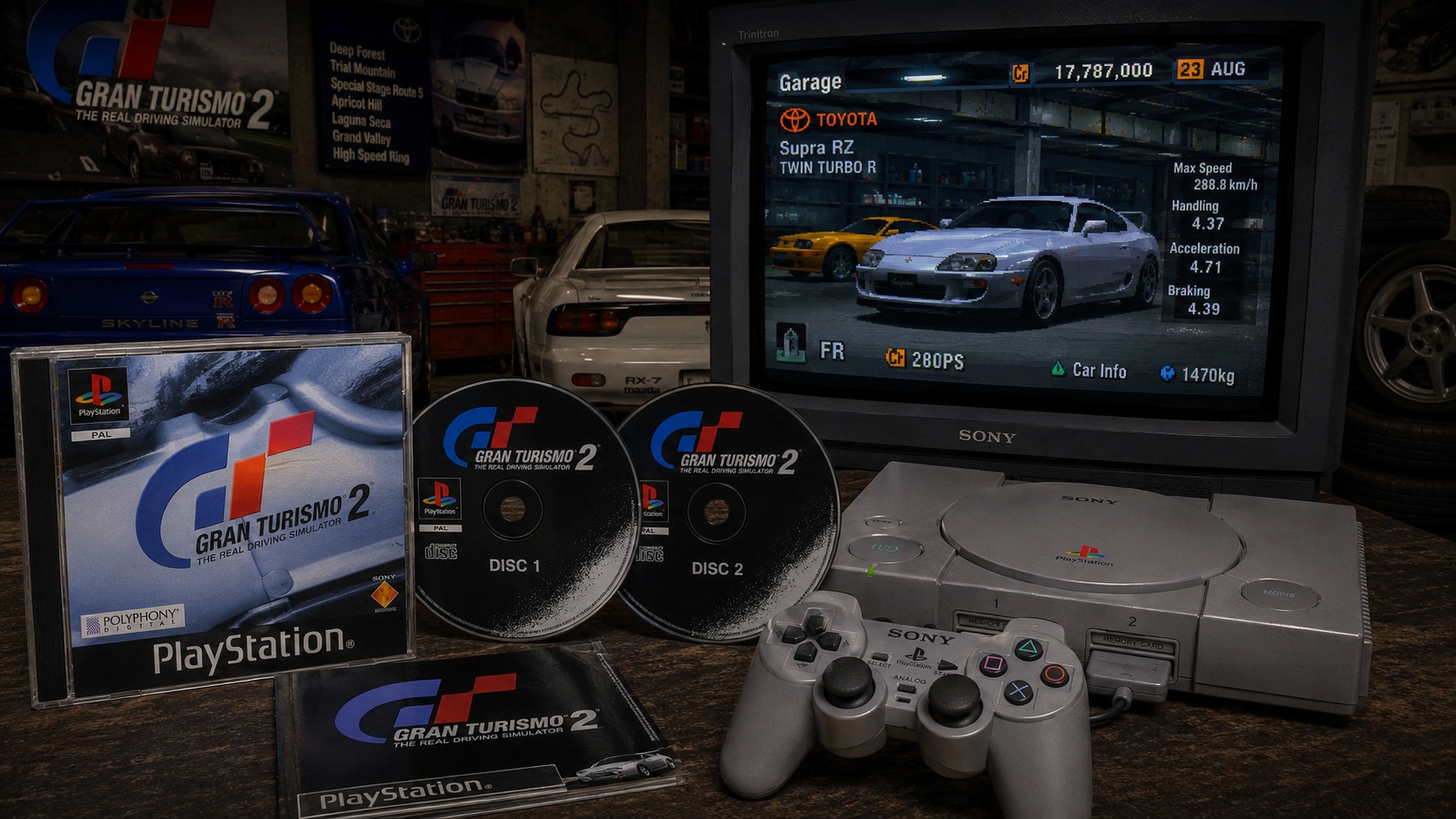 Produktový obrázek Gran Turismo 2 pro PlayStation 1 s obalem, dvěma disky, konzolí PS1, ovladačem a polygonovou garáží na CRT obrazovce