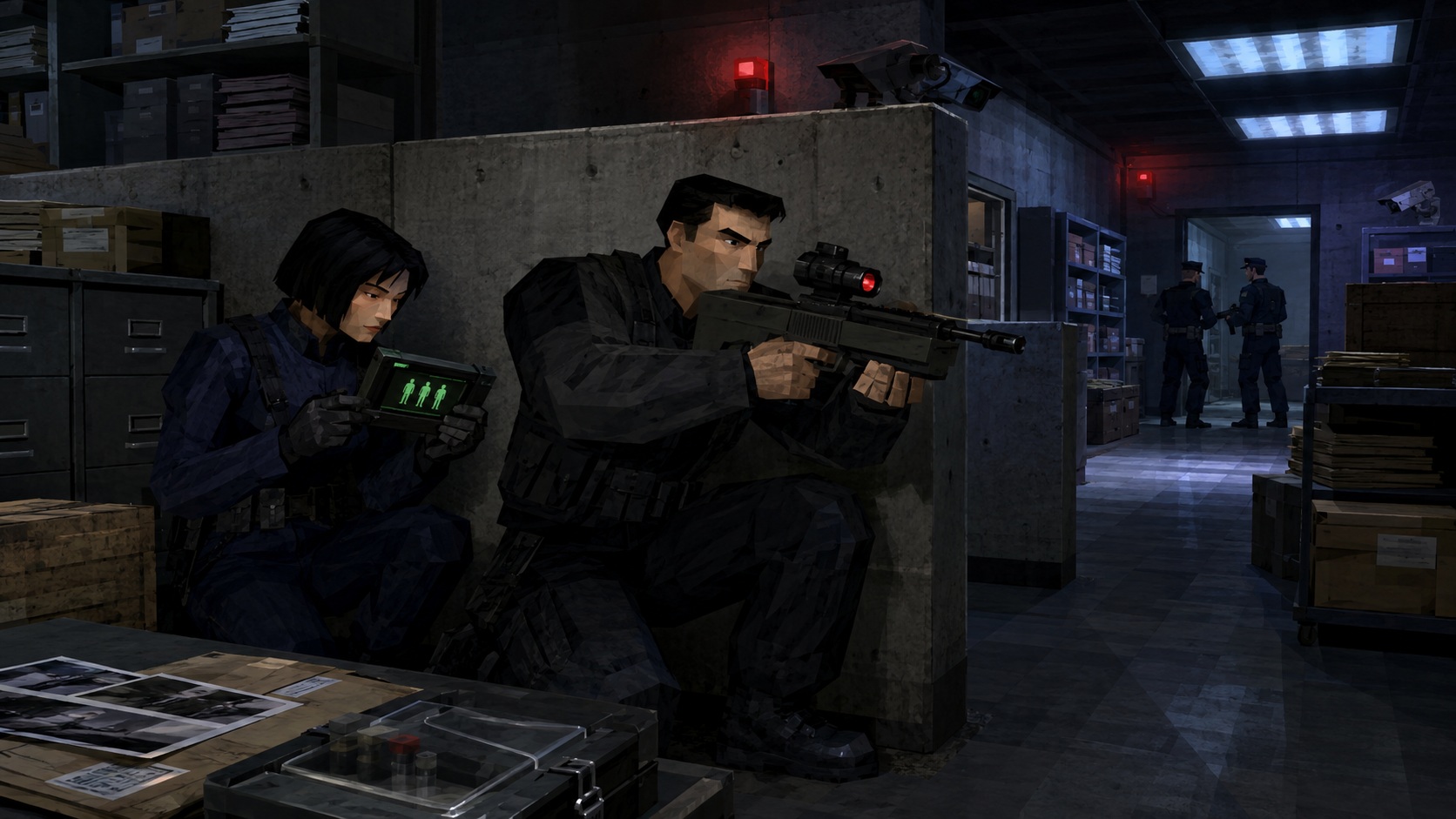 Gabe Logan a Lian Xing používají pušku s infračervenou optikou a Heartbeat Sensor při tajné infiltraci ve stylu Syphon Filter 3 pro PlayStation 1.